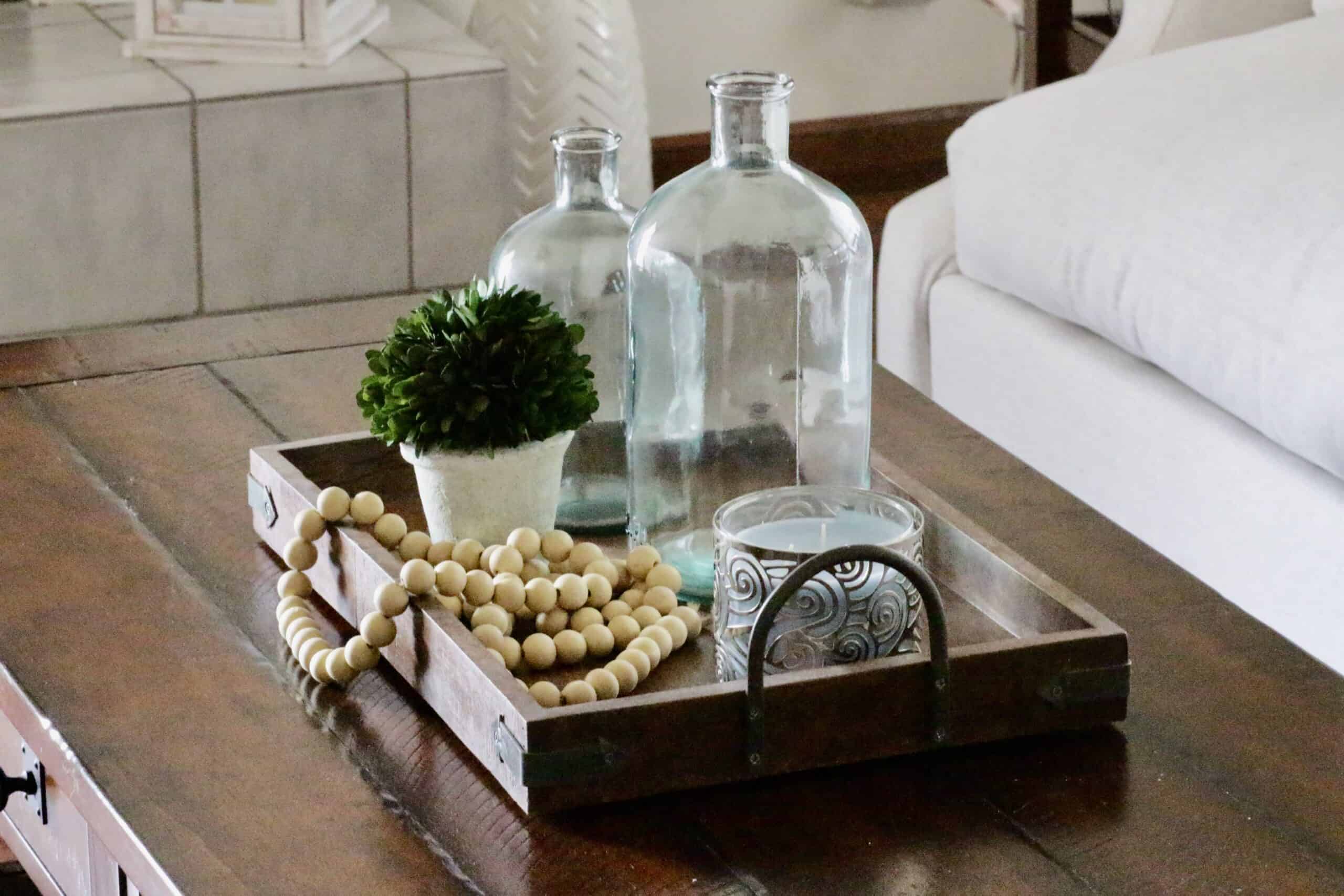 A plant and glass bottles in a tray on a coffee table.