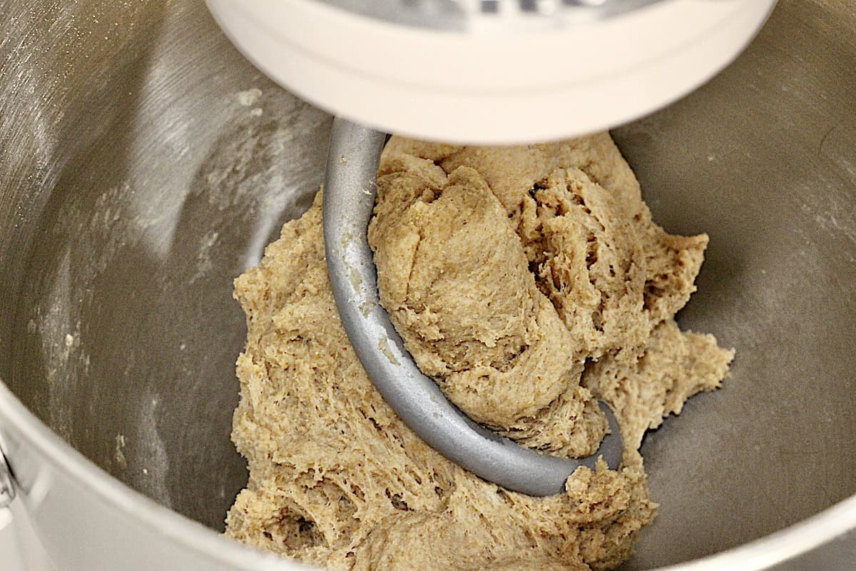 Bread dough in bowl with a dough hook.