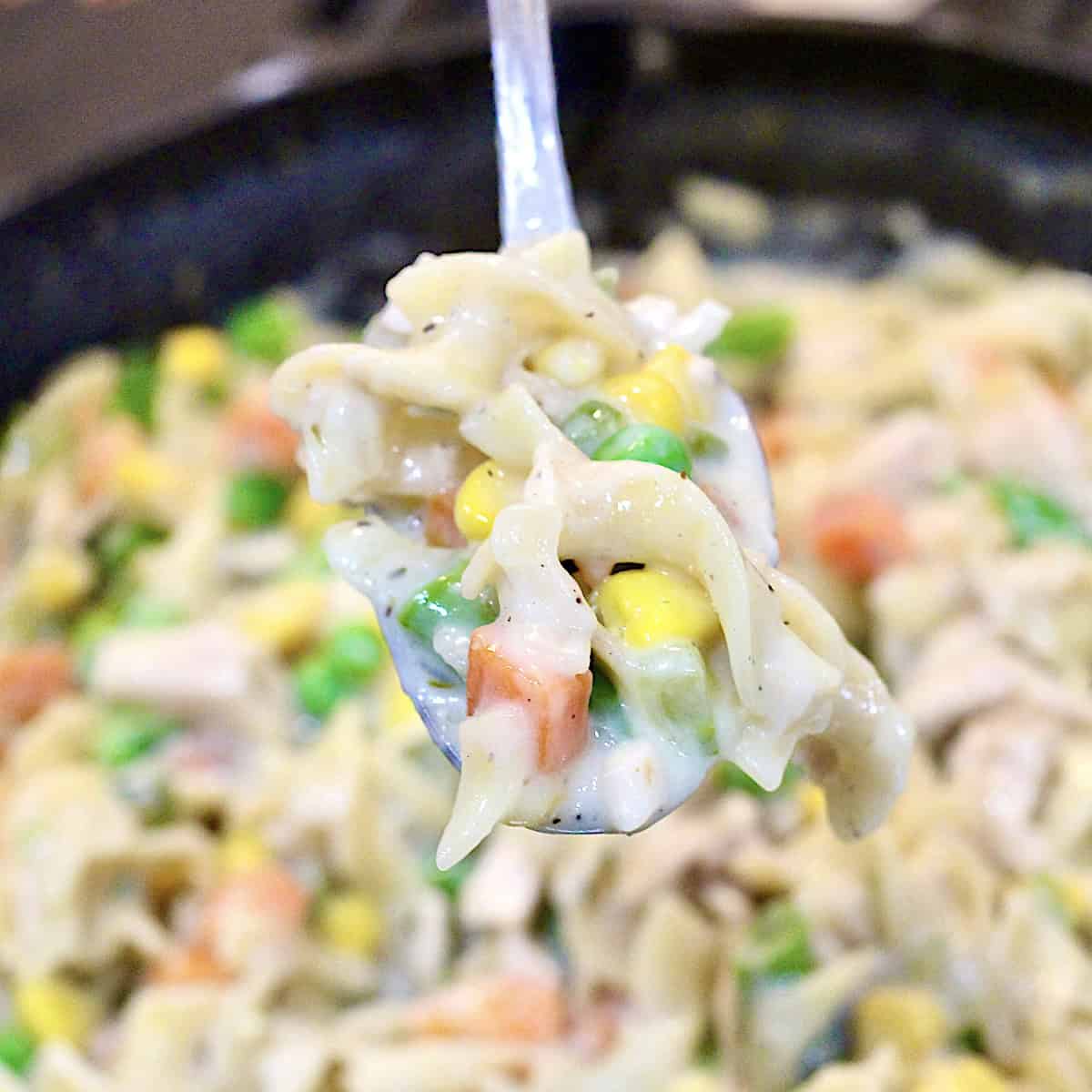 A spoon holding turkey noodle casserole over a skillet.